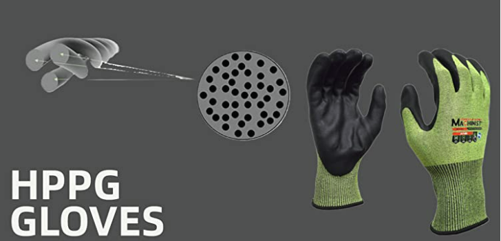 banner saying hppg gloves with photo highlighting a pair of green gloves with an infographic showing graphene on a molecular level