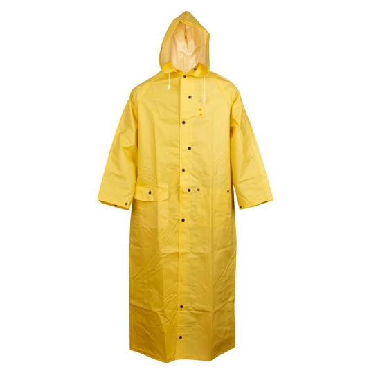 Yellow 2-Piece Rain Coat, Limited Flame Resistant, Storm Fly Front with Snap Buttons, 60" Length, Detachable Hood