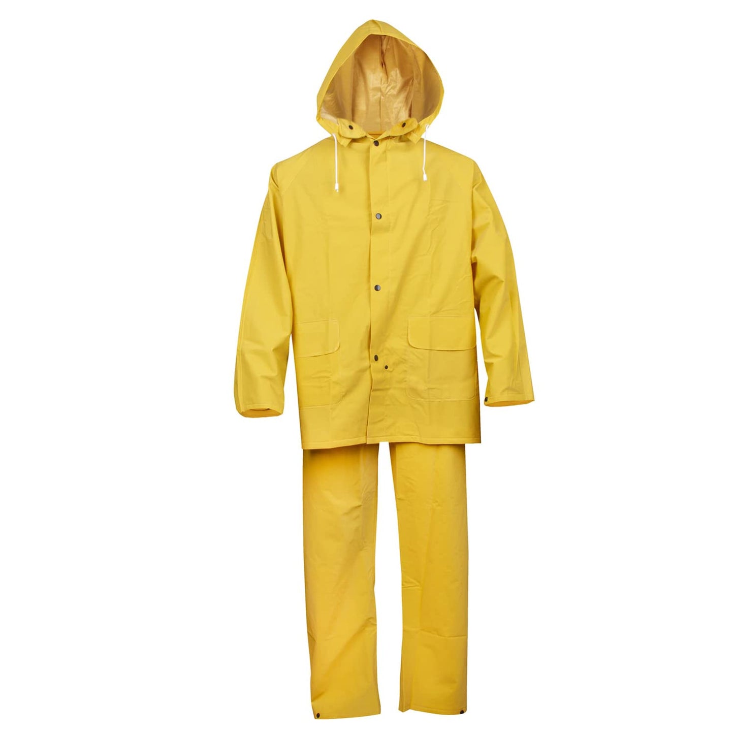 Yellow 3-Piece Rain Suit .35mm PVC/Polyester, Detachable Hood w/Drawstring, Corduroy Collar, Ventilated Cape Back and Underarms, Zipper and Buttons, Raincoat/Pants/Hood