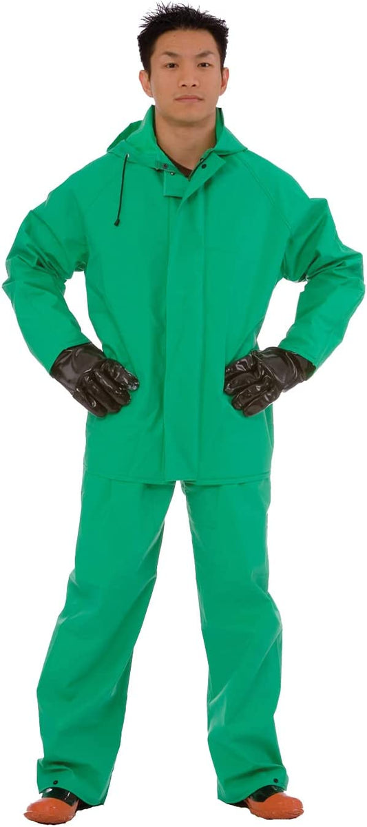 2-Piece Acid/Chemical Suit, FR .45 MM Green PVC/Nylon Scrim/PVC, Limited Flame Resistant, Storm Fly Front, Bib Style Pants with Suspenders, Attached Hood