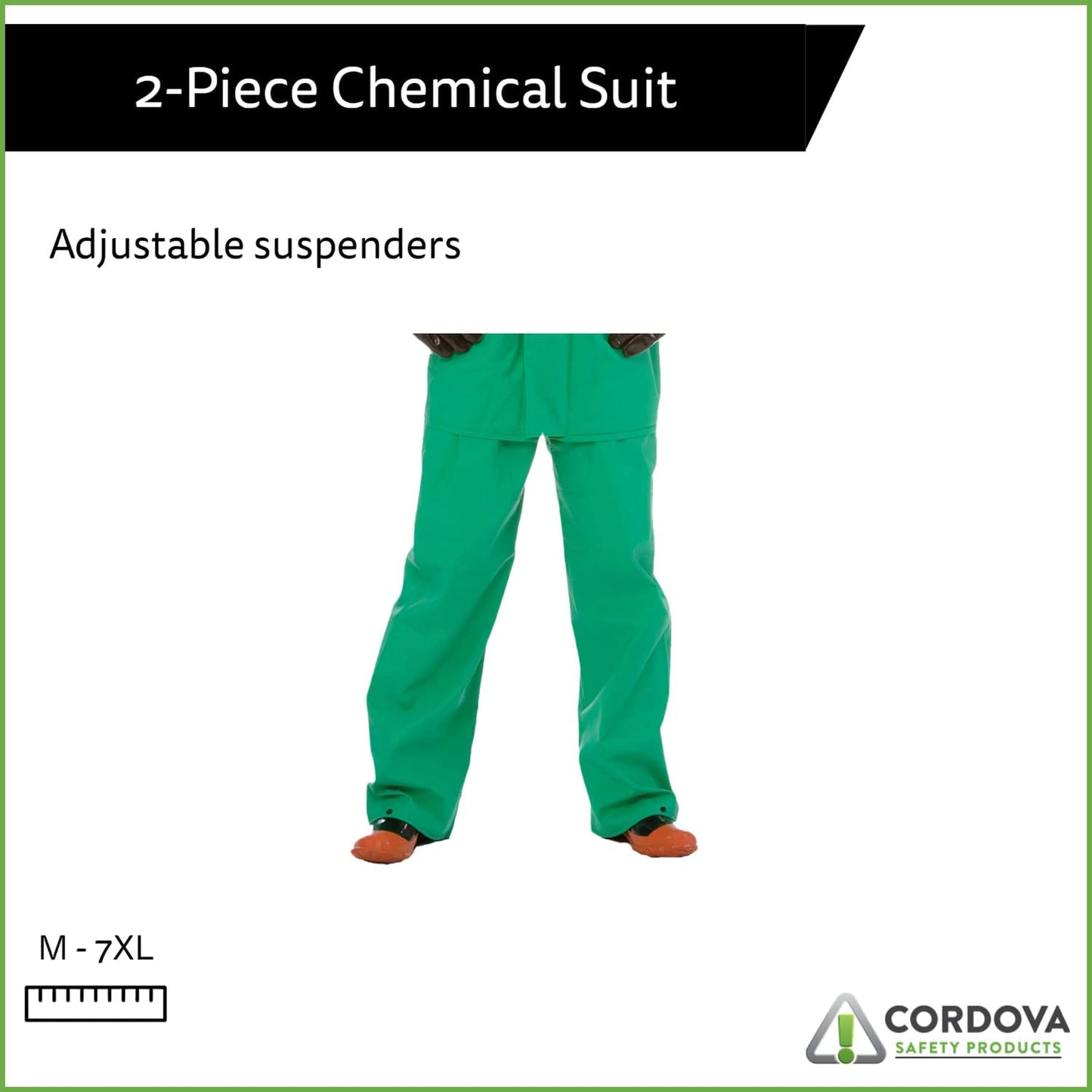 2-Piece Acid/Chemical Suit, FR .45 MM Green PVC/Nylon Scrim/PVC, Limited Flame Resistant, Storm Fly Front, Bib Style Pants with Suspenders, Attached Hood