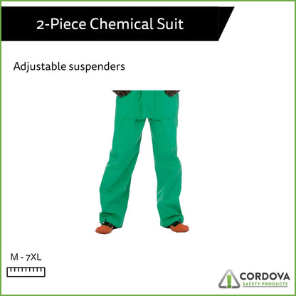2-Piece Acid/Chemical Suit, FR .45 MM Green PVC/Nylon Scrim/PVC, Limited Flame Resistant, Storm Fly Front, Bib Style Pants with Suspenders, Attached Hood