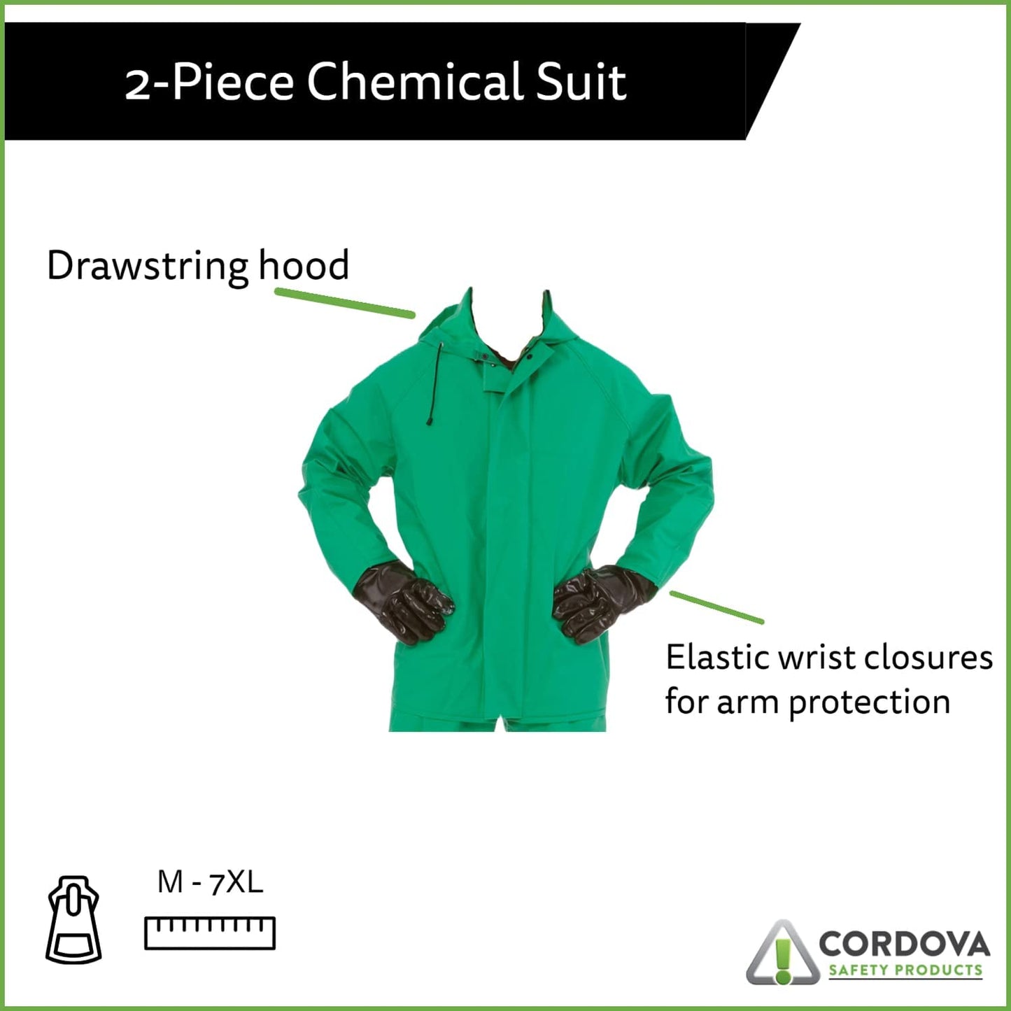 2-Piece Acid/Chemical Suit, FR .45 MM Green PVC/Nylon Scrim/PVC, Limited Flame Resistant, Storm Fly Front, Bib Style Pants with Suspenders, Attached Hood