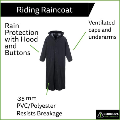 Black 2-Piece Riding Rain Coat, .35 MM PVC/Polyester, Leg Straps, Corduroy Collar, Ventilated Back/Underarms, 60" Length, Detachable Hood