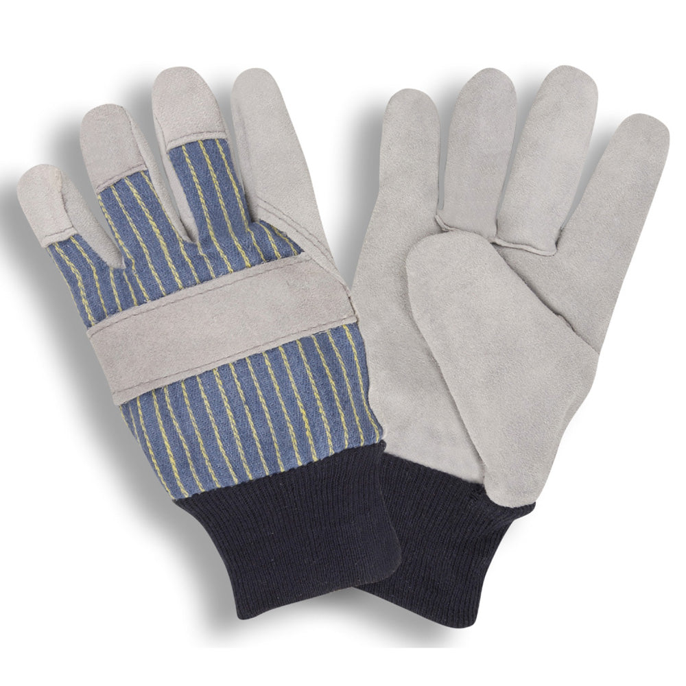 Shoulder-Split Leather Palm Gloves, Blue/Yellow Striped, Bulk 12-Pack