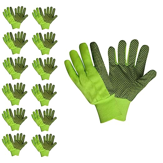 High-Visibility Lime Cotton Gloves, PVC Dots for Grip, Large, 12-Pack
