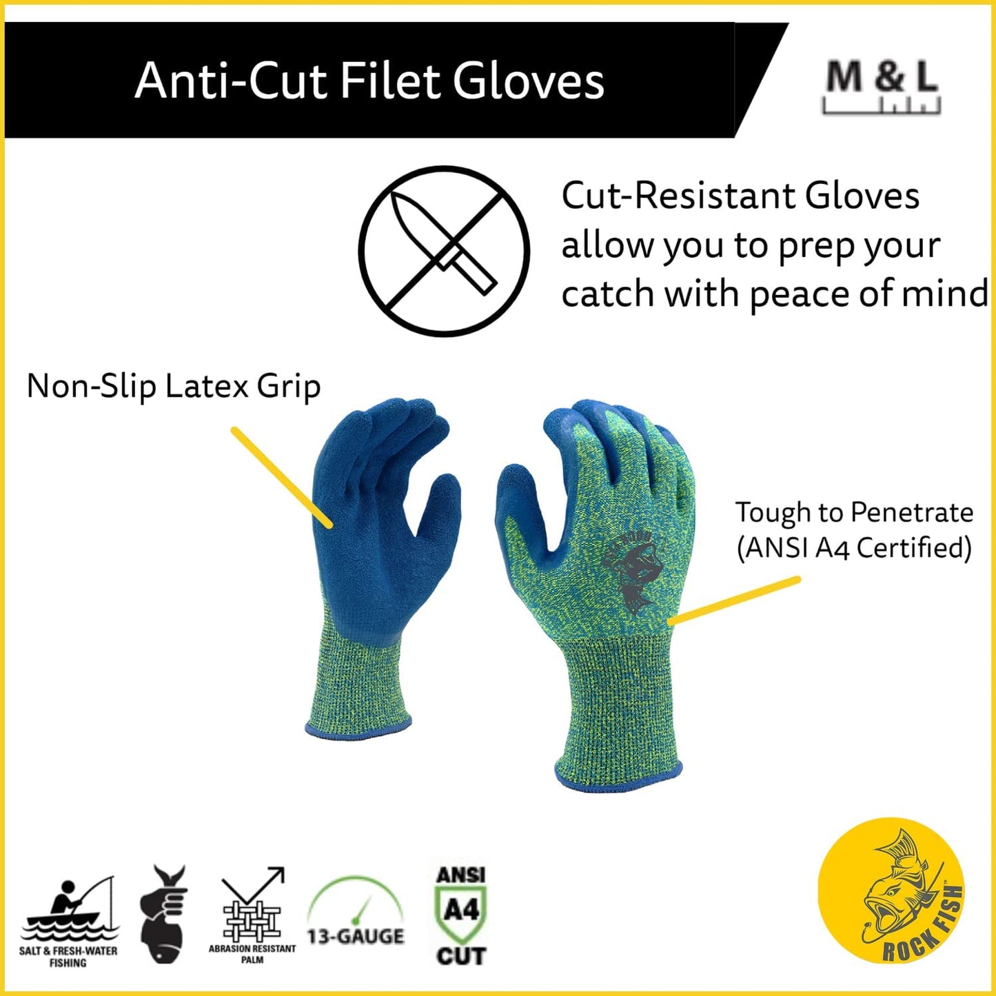 Cut-Resistant Fishing Gloves, ANSI Cut Level A4, For Fish Fileting