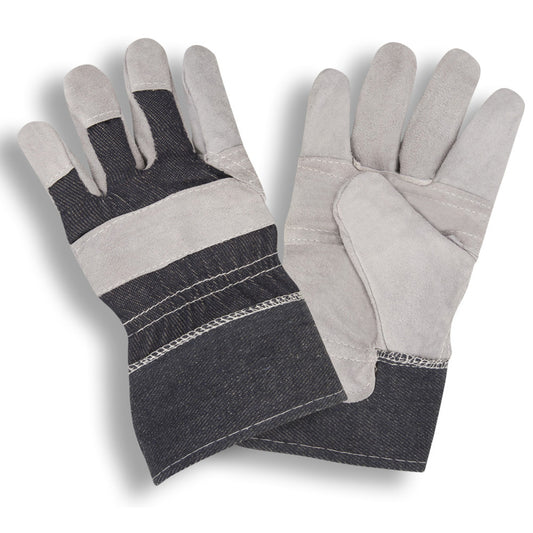 Shoulder-Split Leather Palm Gloves, Denim Back, Bulk 12-Pack