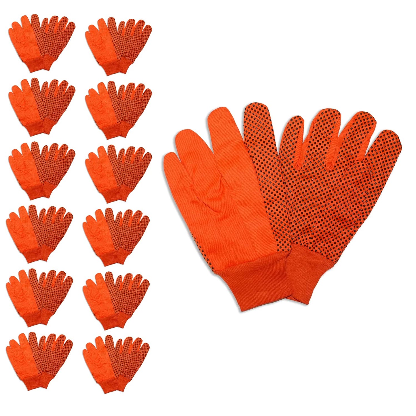 High-Visibility Orange Cotton Gloves, PVC Dots for Grip, Large, 12-Pack