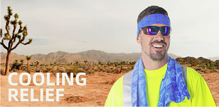 banner saying cooling relief with man wearing cooling headband and towel in the desert