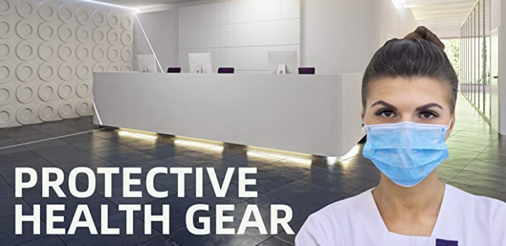banner saying protective health gear with woman wearing a face mask in front of a desk
