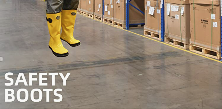 banner saying safety boots with person wearing them in warehouse