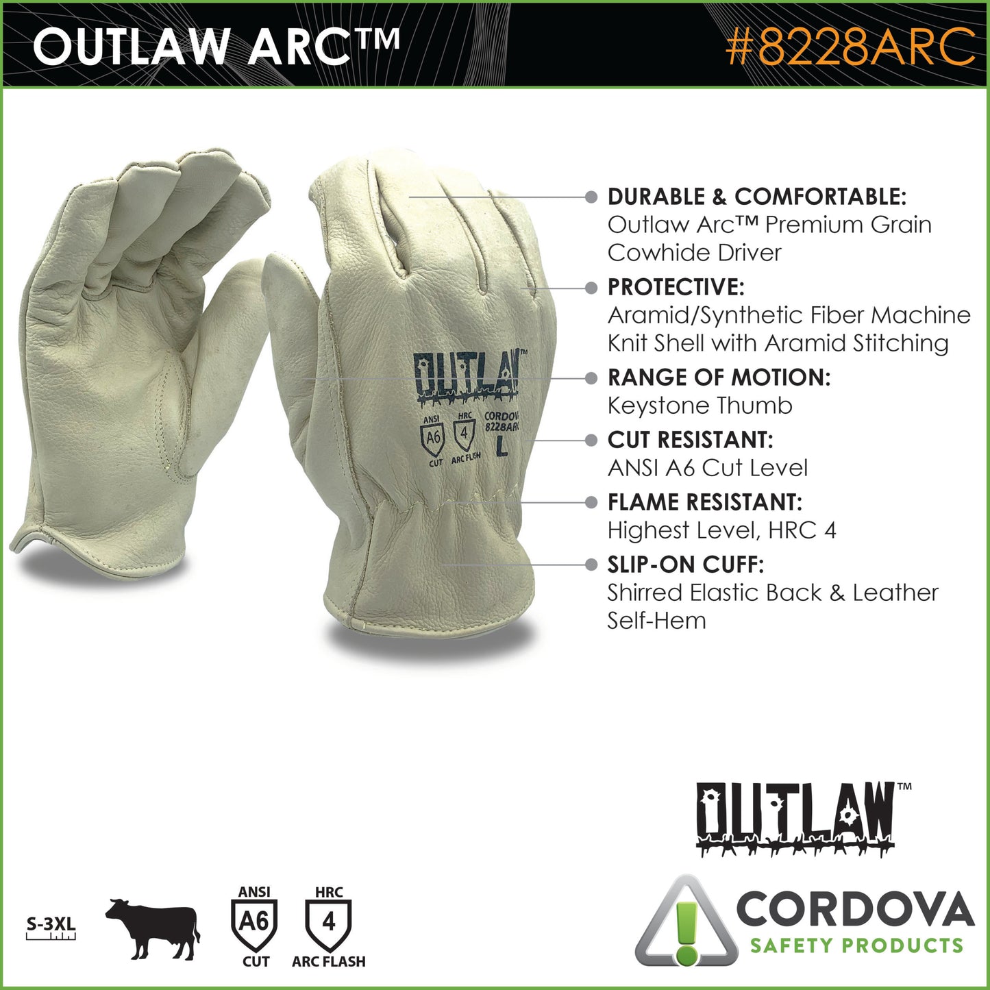 Flame-Resistant, Cut-Resistant Premium Leather Gloves, ANSI Cut level A6, HRC 4, Bulk 12-Pack