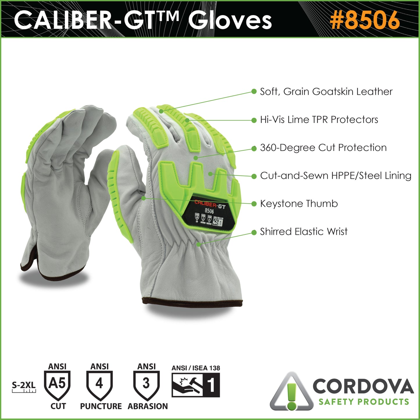 Cut-Resistant Goatskin Gloves, ANSI Cut Level A5, HPPE/Steel Lining