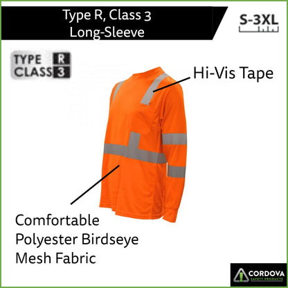 Type R, Class III, High-Visibility Orange Birdseye Mesh T-Shirt, Long Sleeve with Reflective Tape