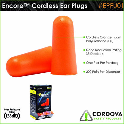 Disposable Ear Plugs, Noise-Cancelling NRR 32, Foam, Orange (200 Pairs)