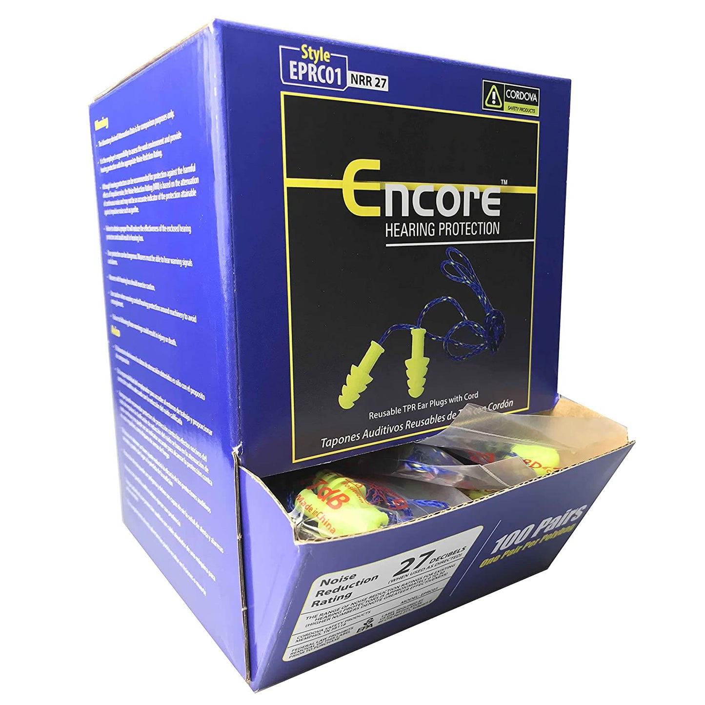 Cordova EPRC01 Yellow Reusable Ear Plugs, TPR, Yellow/Blue Textile Corded, NRR 27 DB, Bulk 100-Pack