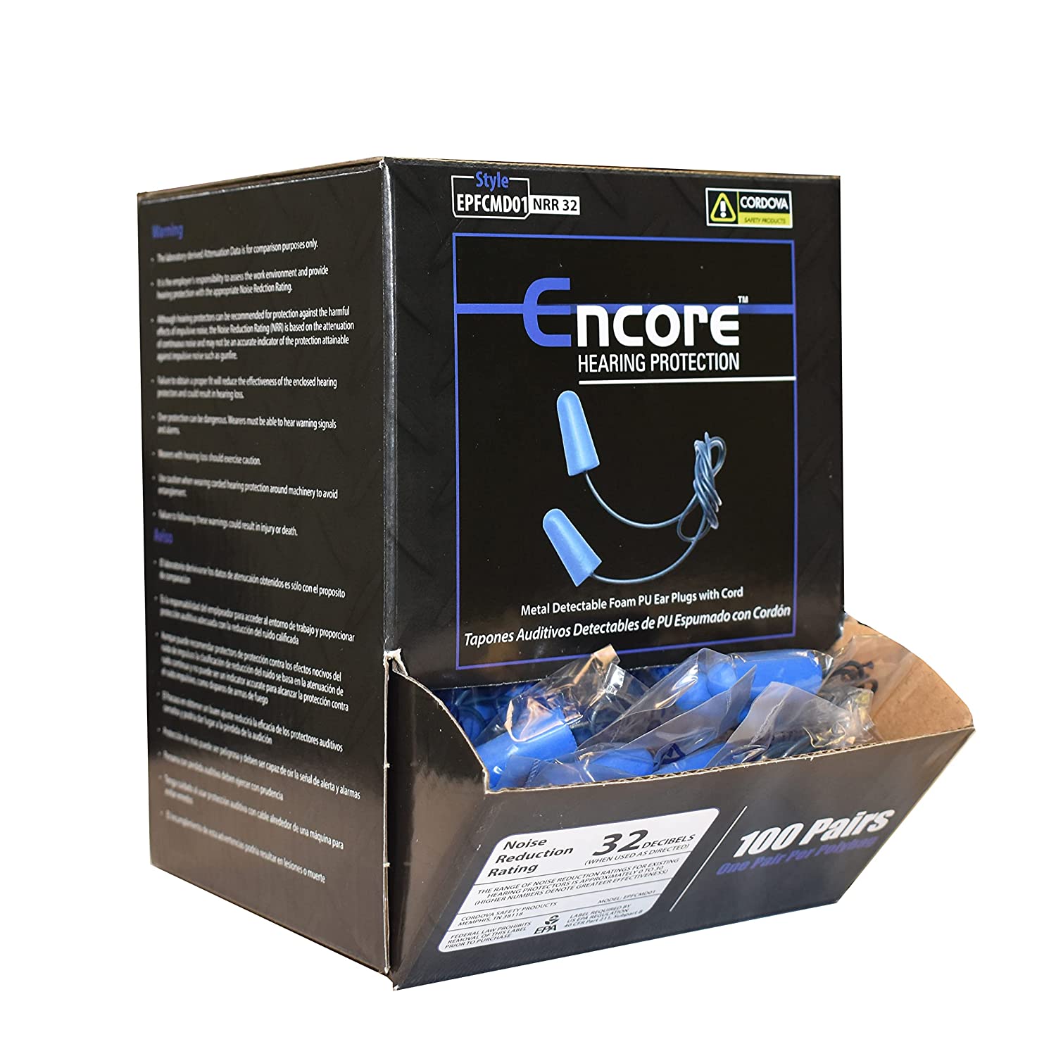 Blue Metal Detectable Ear Plugs, Foam PU, Blue PVC Corded, NRR 32 DB, 100-Pack