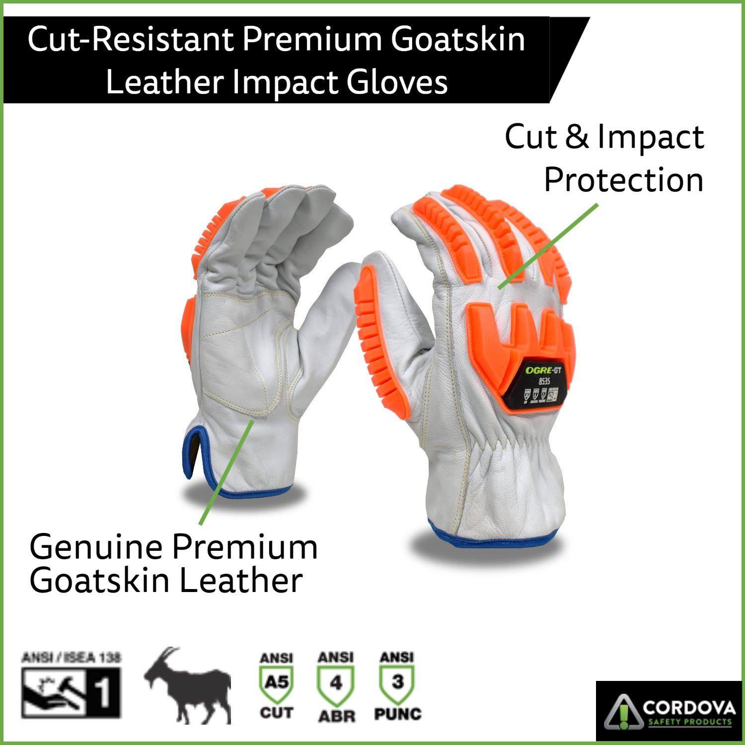 Premium Leather Impact Gloves, Cut-Resistant, High-Visibility, ANSI Cut Level A5
