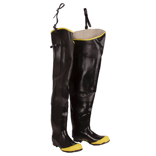 Black Hip Boots with Adjustable Straps, Steel Toe & Shank, Cotton Lined, 36-Inch Length