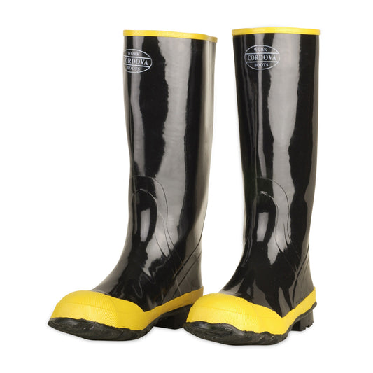 Black Boots With Black Ribbed Sole, Yellow Steel Toe & Steel Shank, Cotton Lined, 16-Inch Length